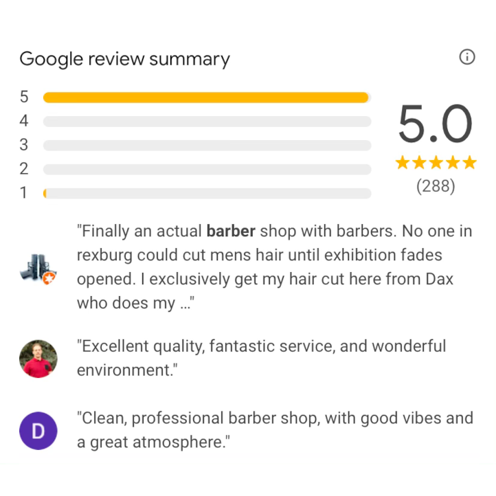 Google review summary showing a 5.0 rating and customer review snippets.